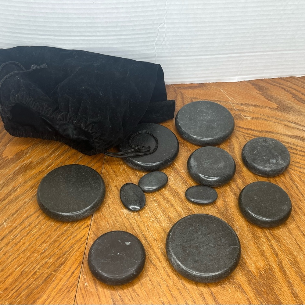 Black Massage Stone Set with Velvet Pouch